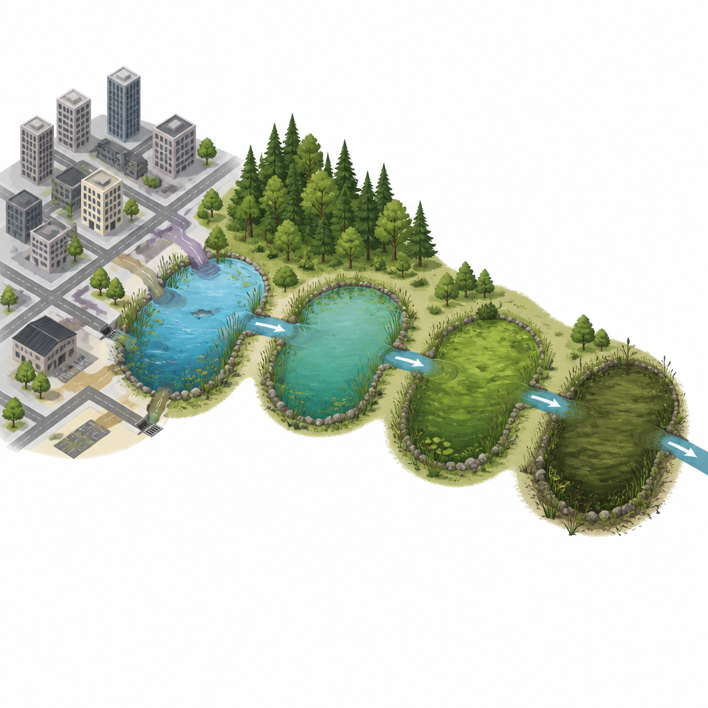 Figure 1. How city runoff flowing through a chain of lakes turns clear forest water into algae rich urban ponds.
