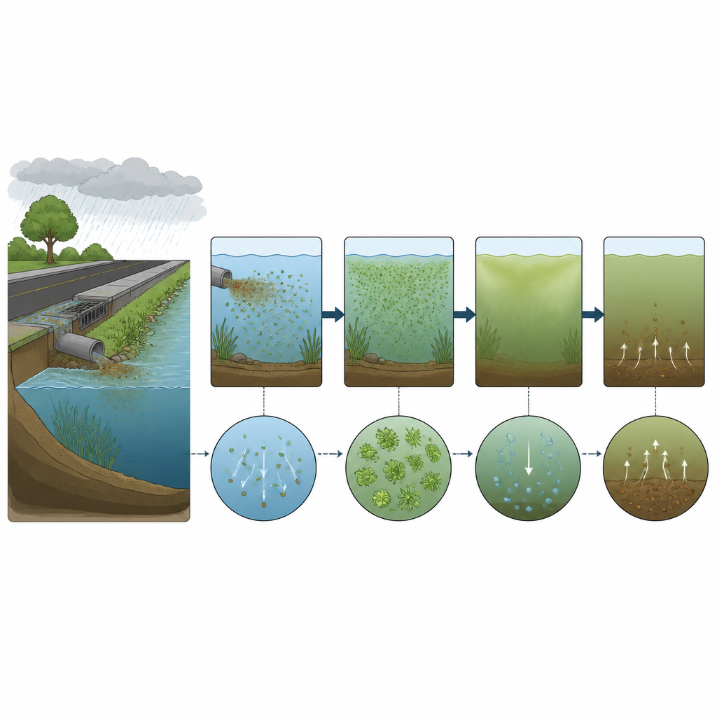 Figure 2. How stormwater nutrients entering a shallow lake trigger algae growth, low oxygen, and recycling of nutrients from the mud.