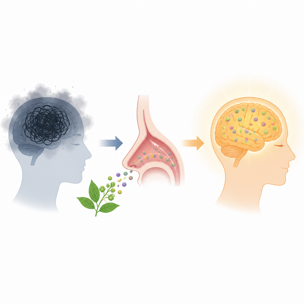 Figure 1. How nose-delivered plant-based nano carriers may help protect the brain from Alzheimer-related damage.