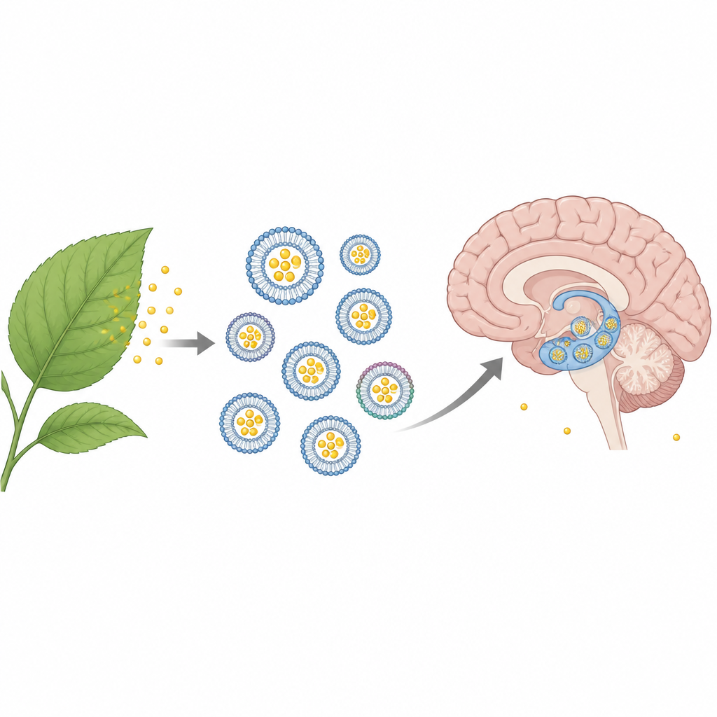 Figure 2. How tiny quercetin-filled bubbles move from plant to nose to brain to support memory in an Alzheimer-like model.