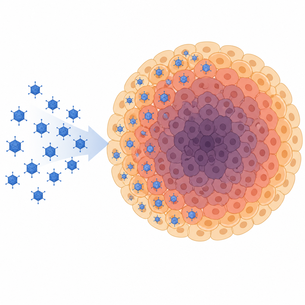 Figure 1. Low oxygen in tumor like cell clusters keeps therapeutic viruses at the outer edge.
