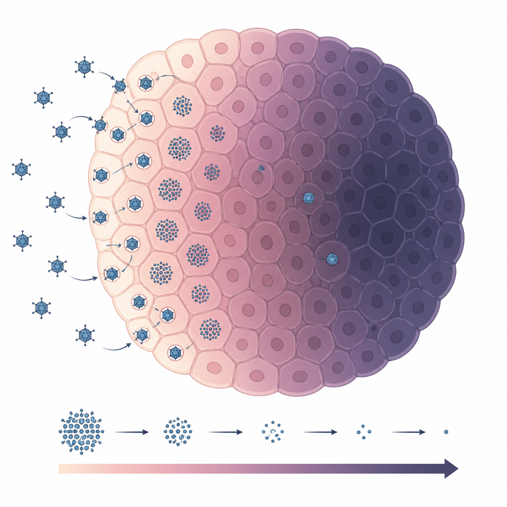 Figure 2. Inside a tumor spheroid, falling oxygen levels toward the core reduce virus infection and spread.