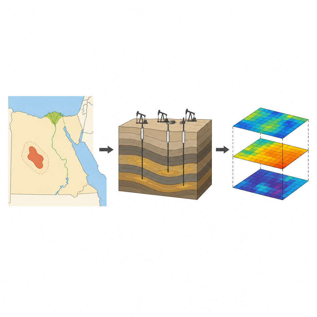 Figure 1. Vom Wüsten-Ölfeld zur 3D-Farbkarte: wie Daten verborgene Gesteinsschichten in ein klares Bild der Reservoir-Qualität verwandeln.