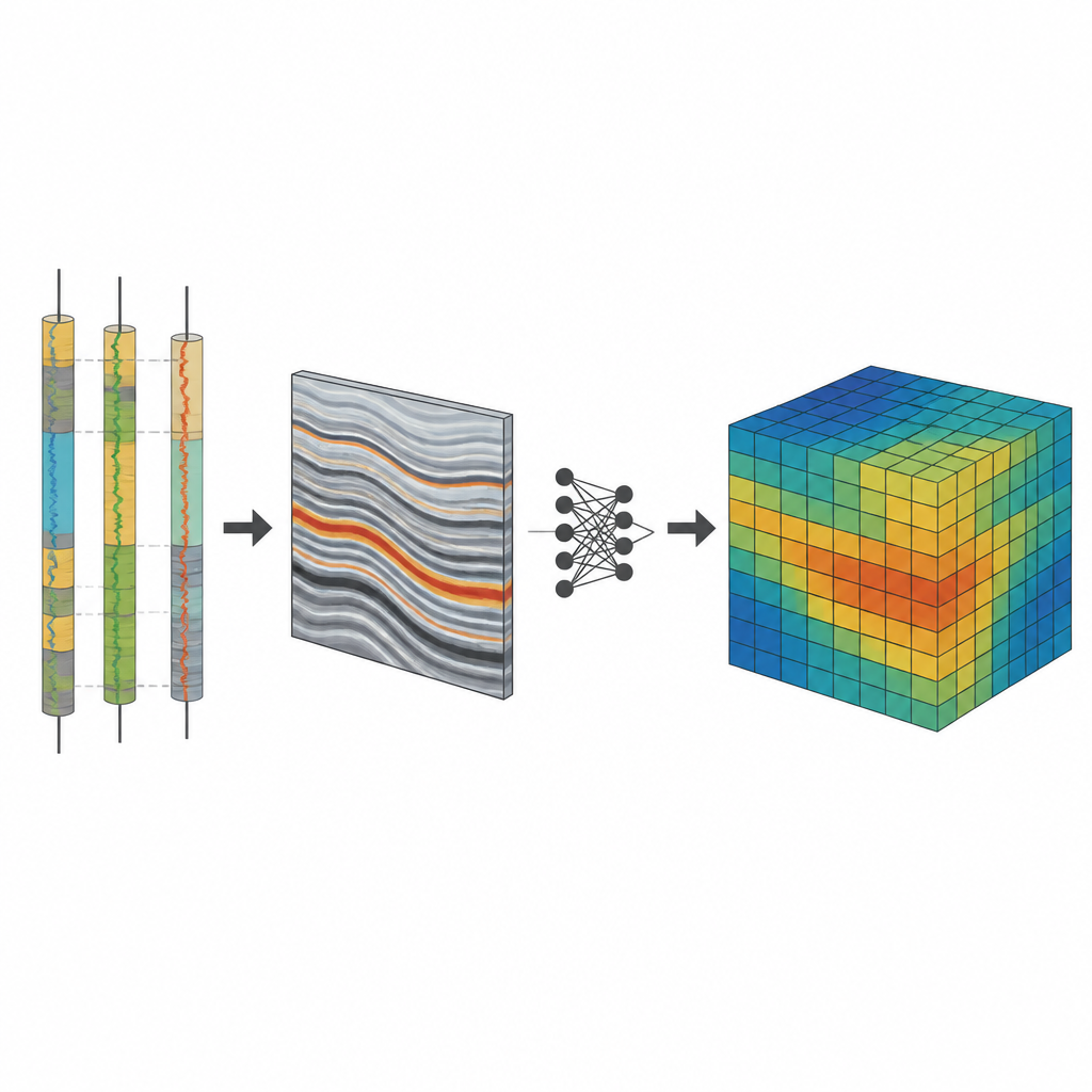 Figure 2. Schritt-für-Schritt-Ablauf, in dem Bohrloch- und seismische Signale zu einem 3D-Würfel verschmelzen, der zeigt, wie Gestein und Fluide im Reservoir variieren.