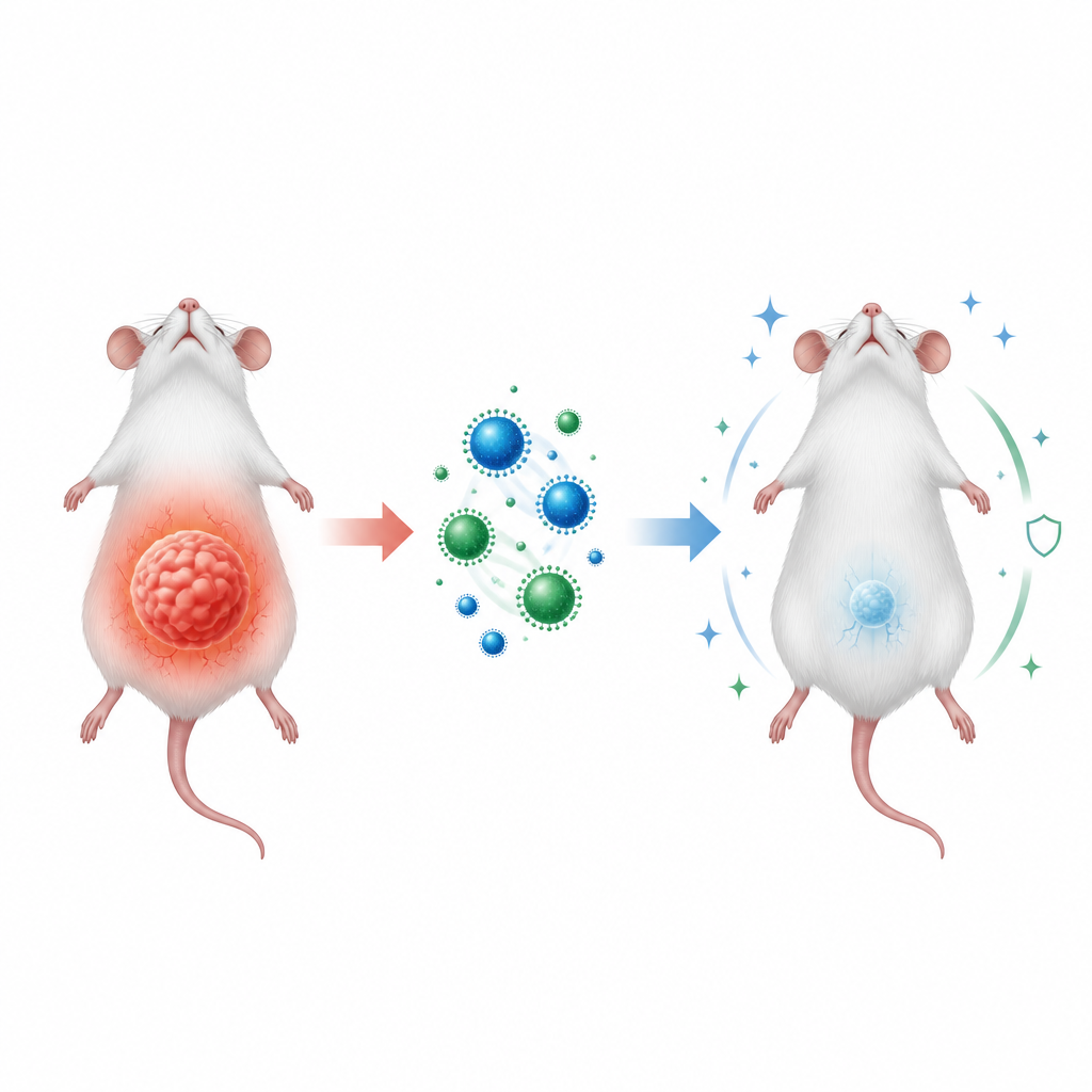 Figure 1. Nanocząstki niosące melatoninę i selen pomagają myszy zwalczać agresywne guzy brzuszne przy mniejszym uszkodzeniu tkanek zdrowych.