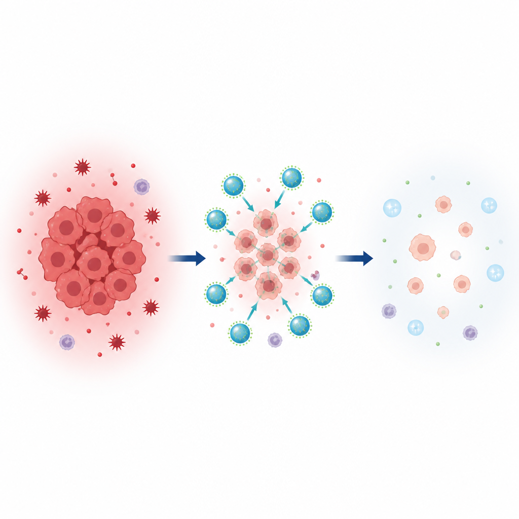 Figure 2. Nanocząstki melatoniny i selenu przenikają do płynu guza, zmniejszają stres oksydacyjny i zapalenie, zatrzymują podziały komórkowe i wywołują śmierć komórek nowotworowych.