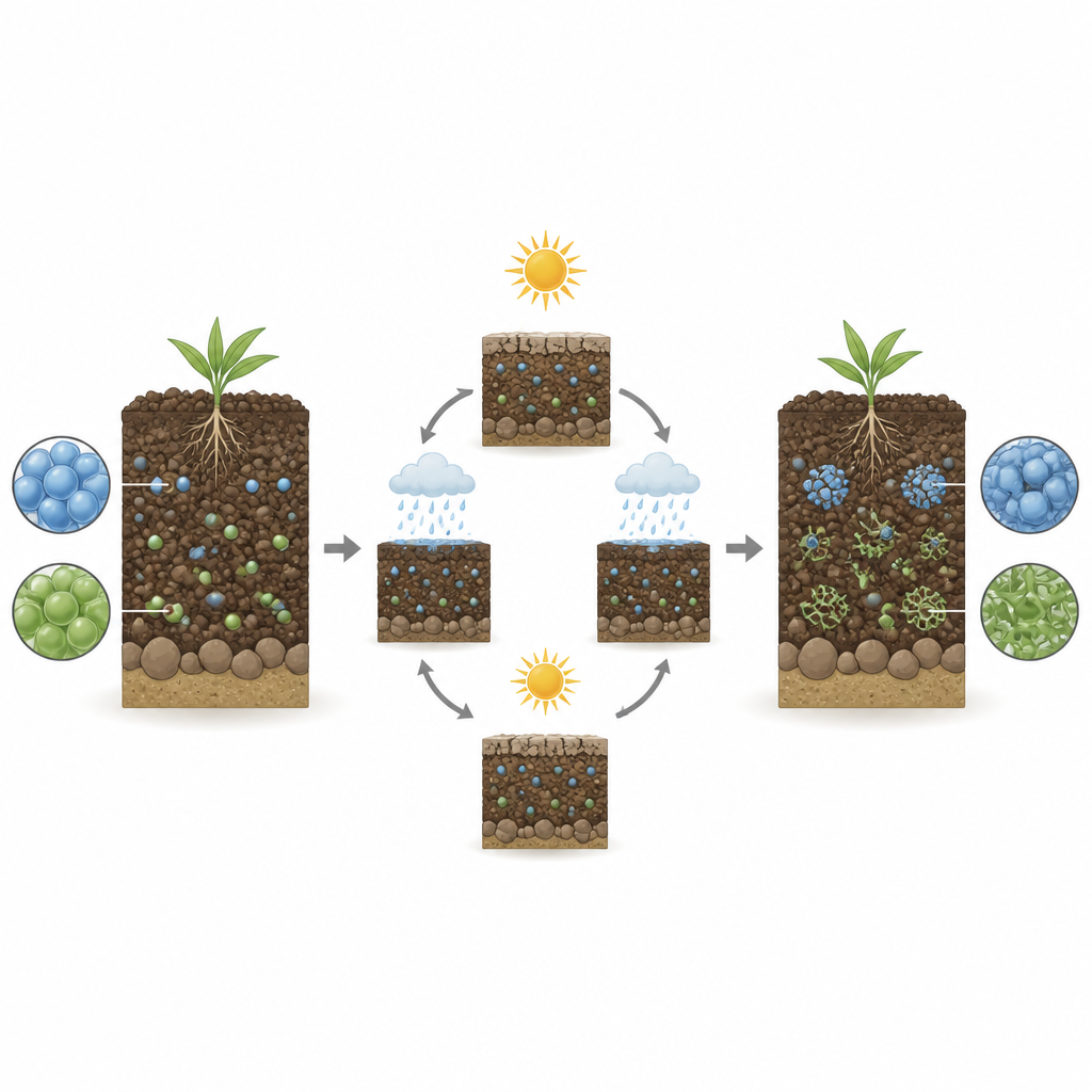 Figure 1. Como a água do solo e ciclos de molhar e secar transformam géis macios que armazenam água em diferentes formas de longo prazo no solo