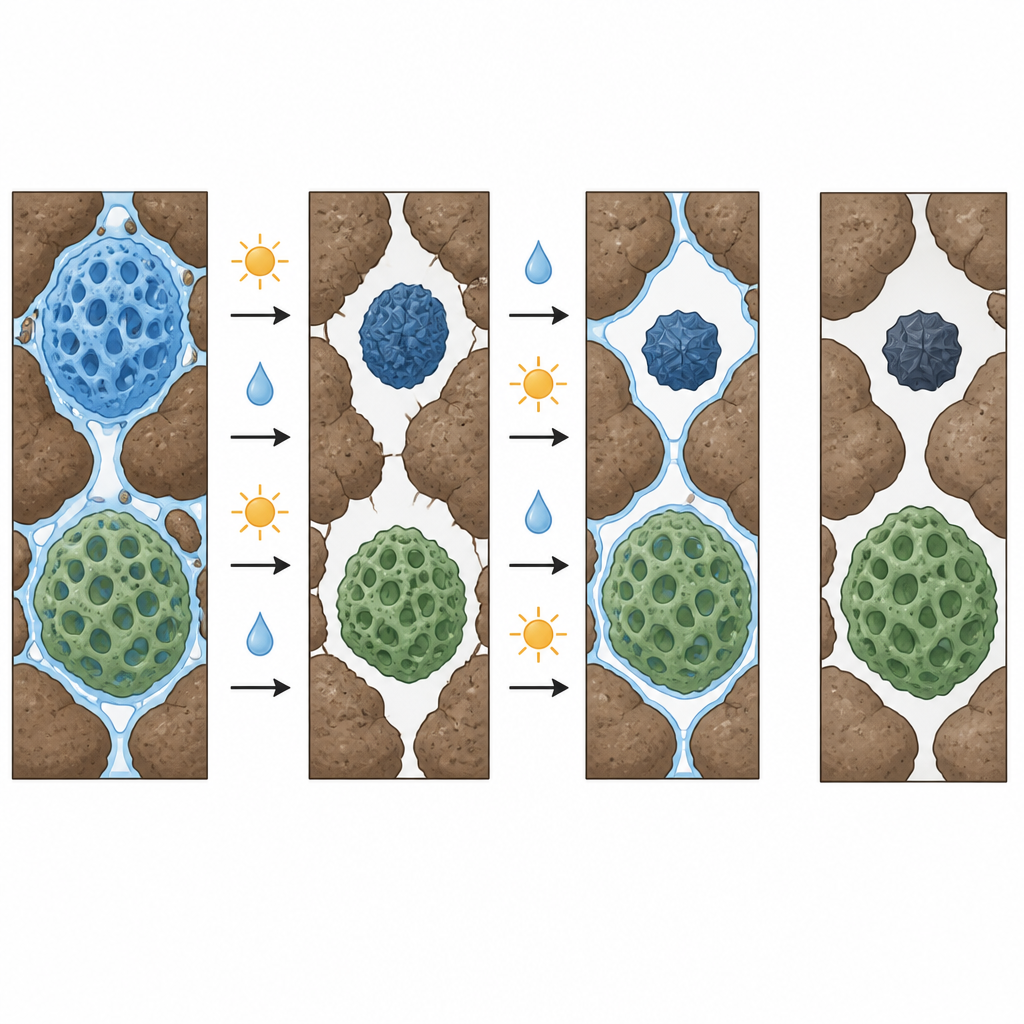 Figure 2. Transformação passo a passo de um gel carregado do solo em aglomerados densos sob repetidas secagens e reidratações