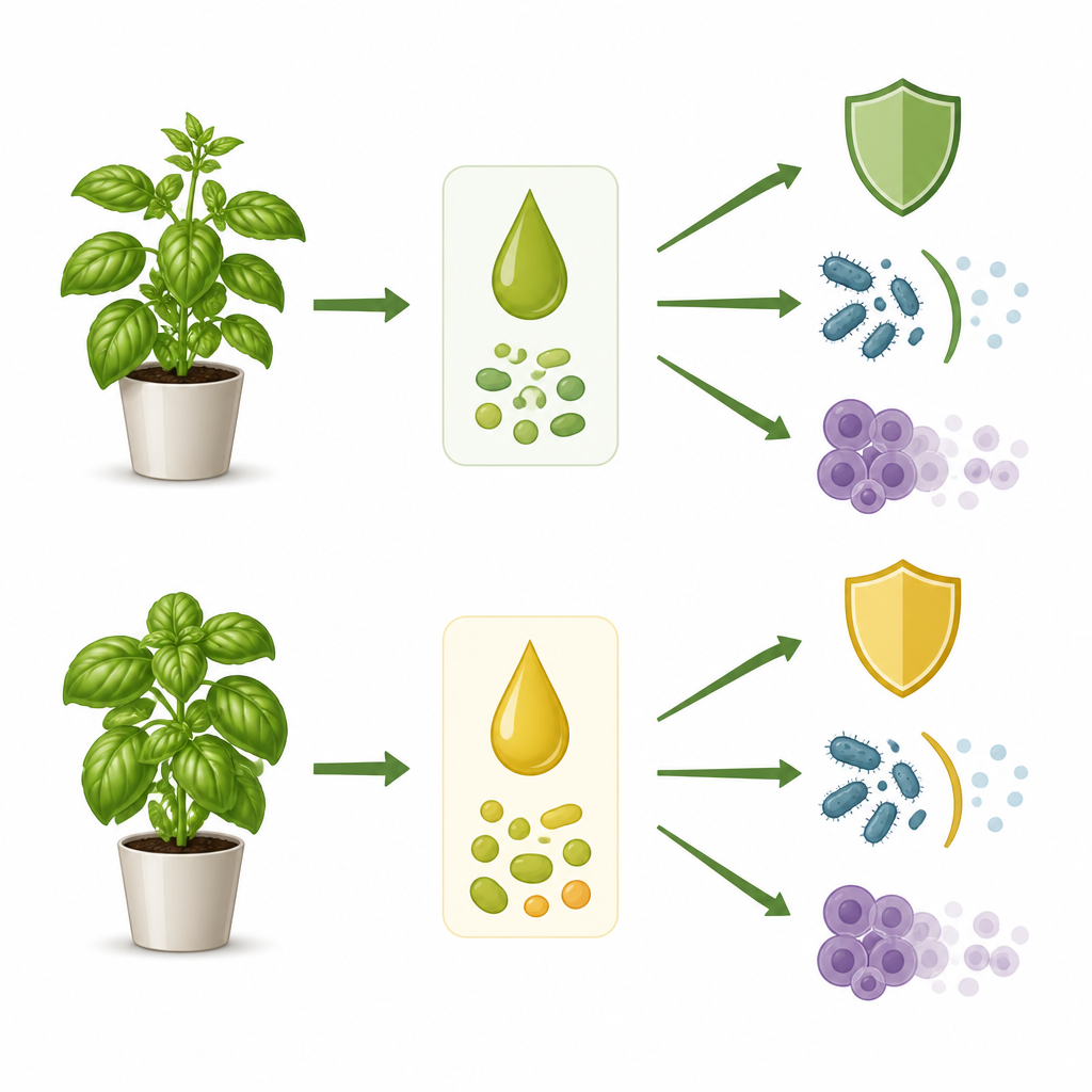 Figure 1. Jak dwie popularne odmiany bazylii różnią się pod względem naturalnych związków i ich efektów biologicznych w badaniach laboratoryjnych