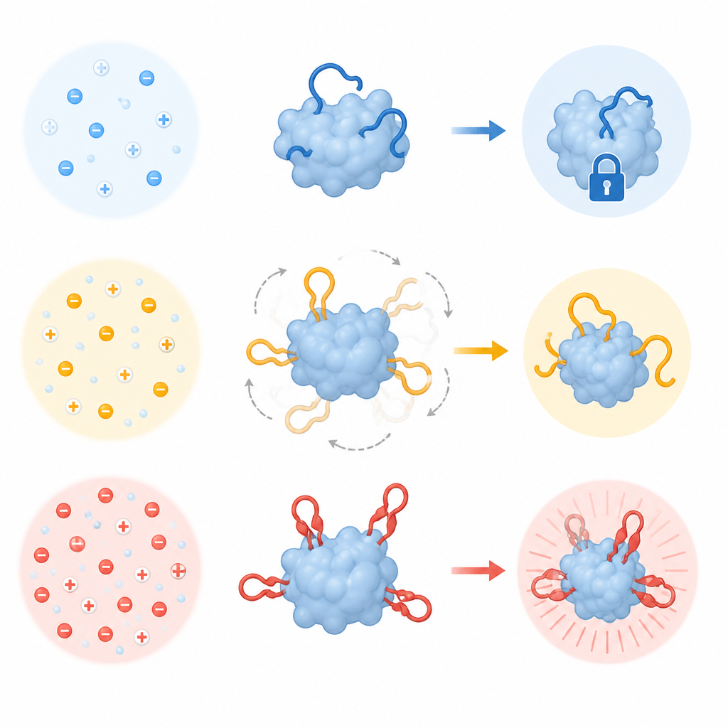 Figure 1. Farklı tuz seviyelerinin tek bir bağışıklık kontrol proteininin hareketini ve aktivitesini nasıl değiştirdiği.