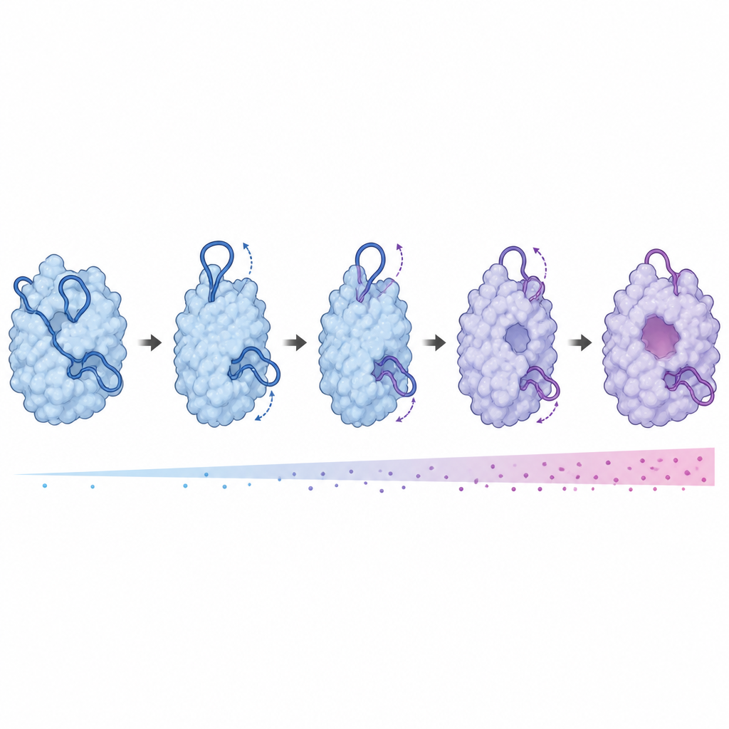 Figure 2. Bir bağışıklık proteininin esnek halkaları, tuz seviyeleri değiştikçe etkin bölgesini açmak veya engellemek için yer değiştirir.