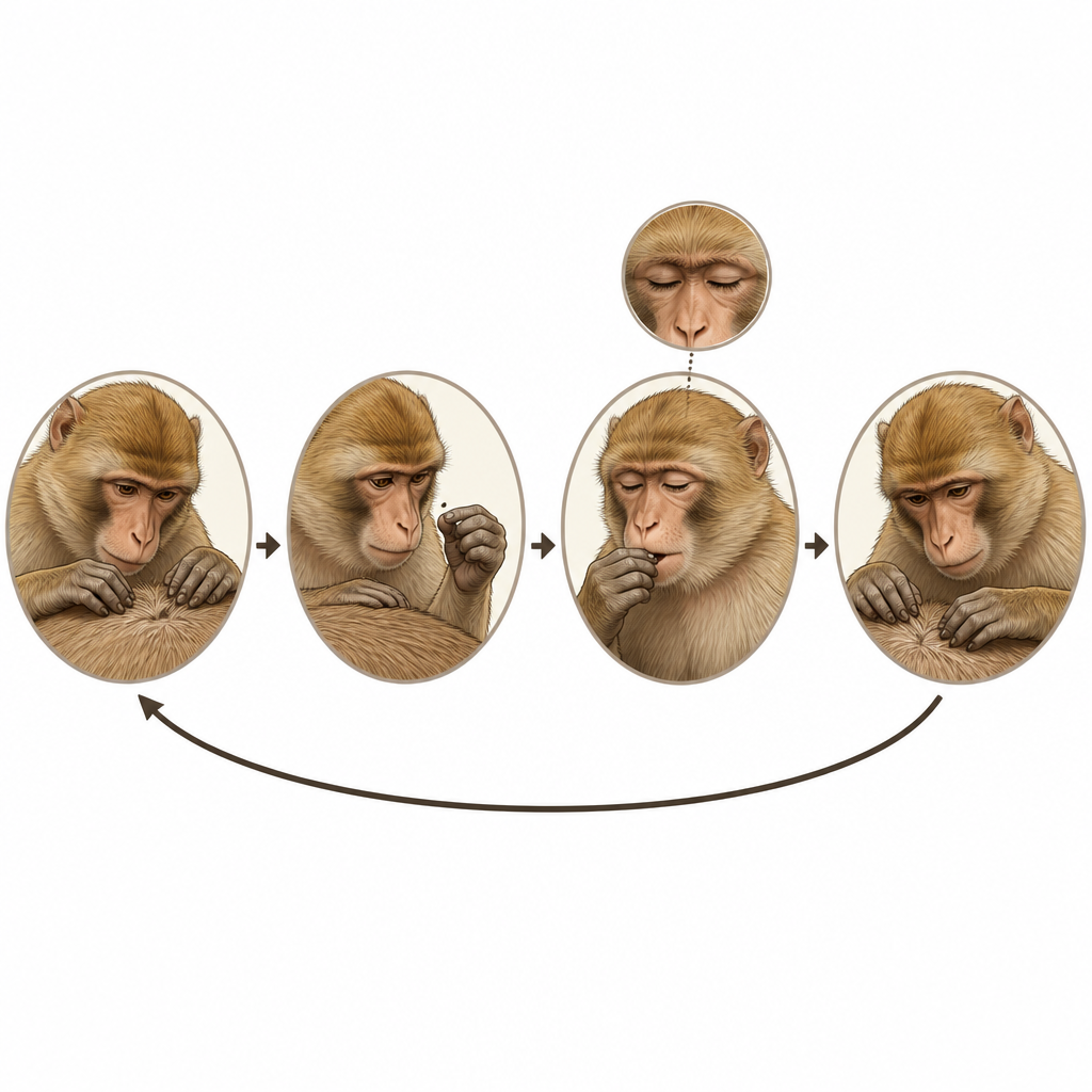 Figure 2. Come i battiti si allineano a minuscole pause mentre le scimmie raccolgono e mangiano particelle dal pelo durante la toelettatura.