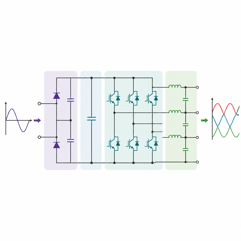 Figure 2. Im Inneren des Wandlers: Wie gleichgerichtet, gespeichert und umgeformt wird, um verstärkte Dreiphasenwellenformen zu erzeugen.