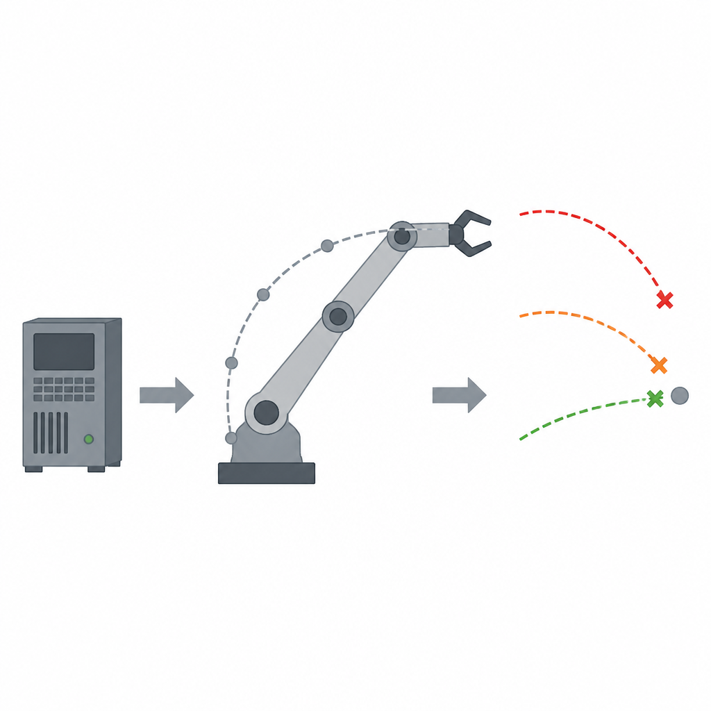 Figure 1. How different control strategies change a robotic arm’s path accuracy in a simple factory task.