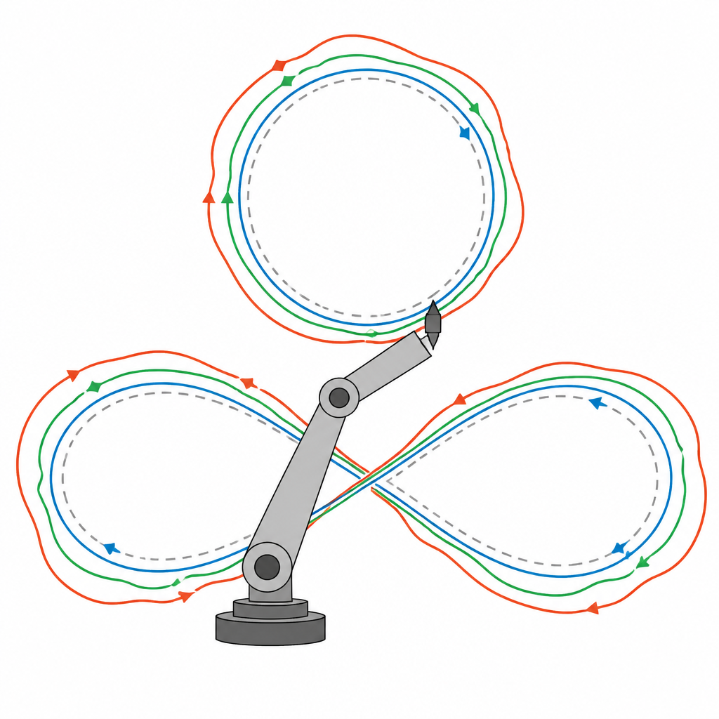 Figure 2. How a robotic arm tip follows circle and figure-eight paths with varying accuracy under three controllers.