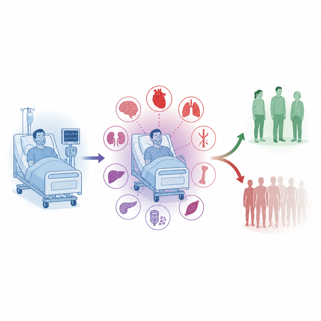 Figure 2. Wie eine schwere Infektion auf der Intensivstation zu neuen chronischen Erkrankungen und einem erhöhten Sterberisiko über mehrere Jahre führt.