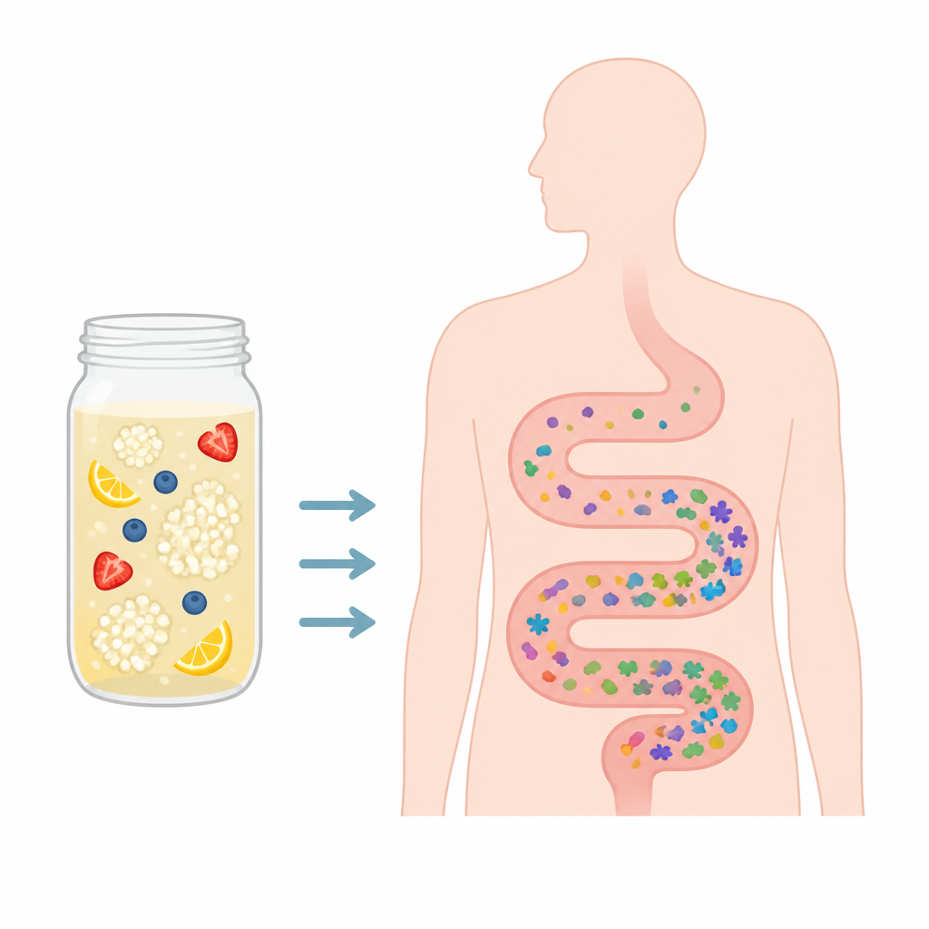 Figure 1. How a daily glass of water kefir may nudge the balance of microbes living in a healthy adult gut.