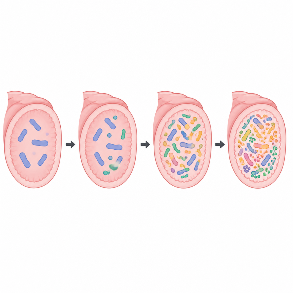 Figure 2. Stepwise view of gut microbes becoming more varied and colorful after regular water kefir consumption.