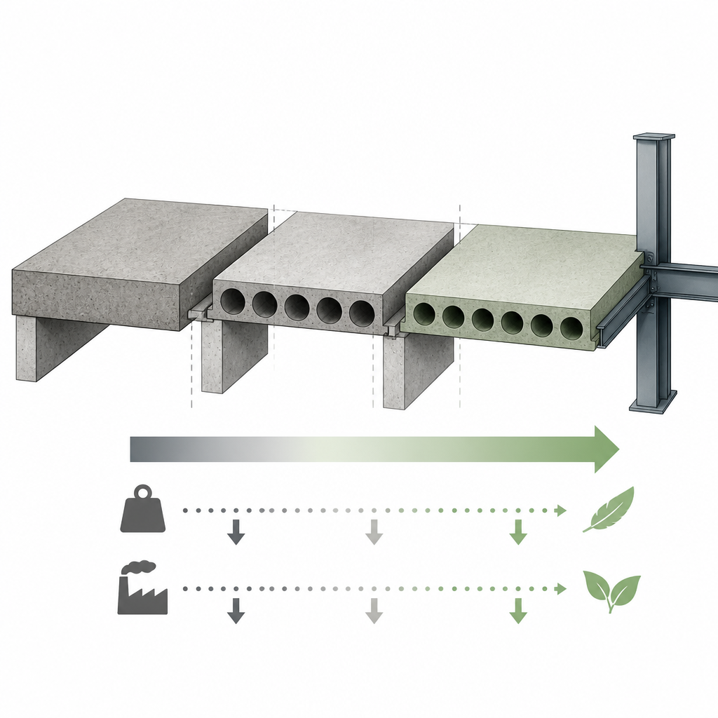 Figure 1. Solette più leggere e a minore impatto di carbonio impiegano nuclei cavi e calcestruzzo geopolimerico pur sostenendo in sicurezza i carichi edilizi.
