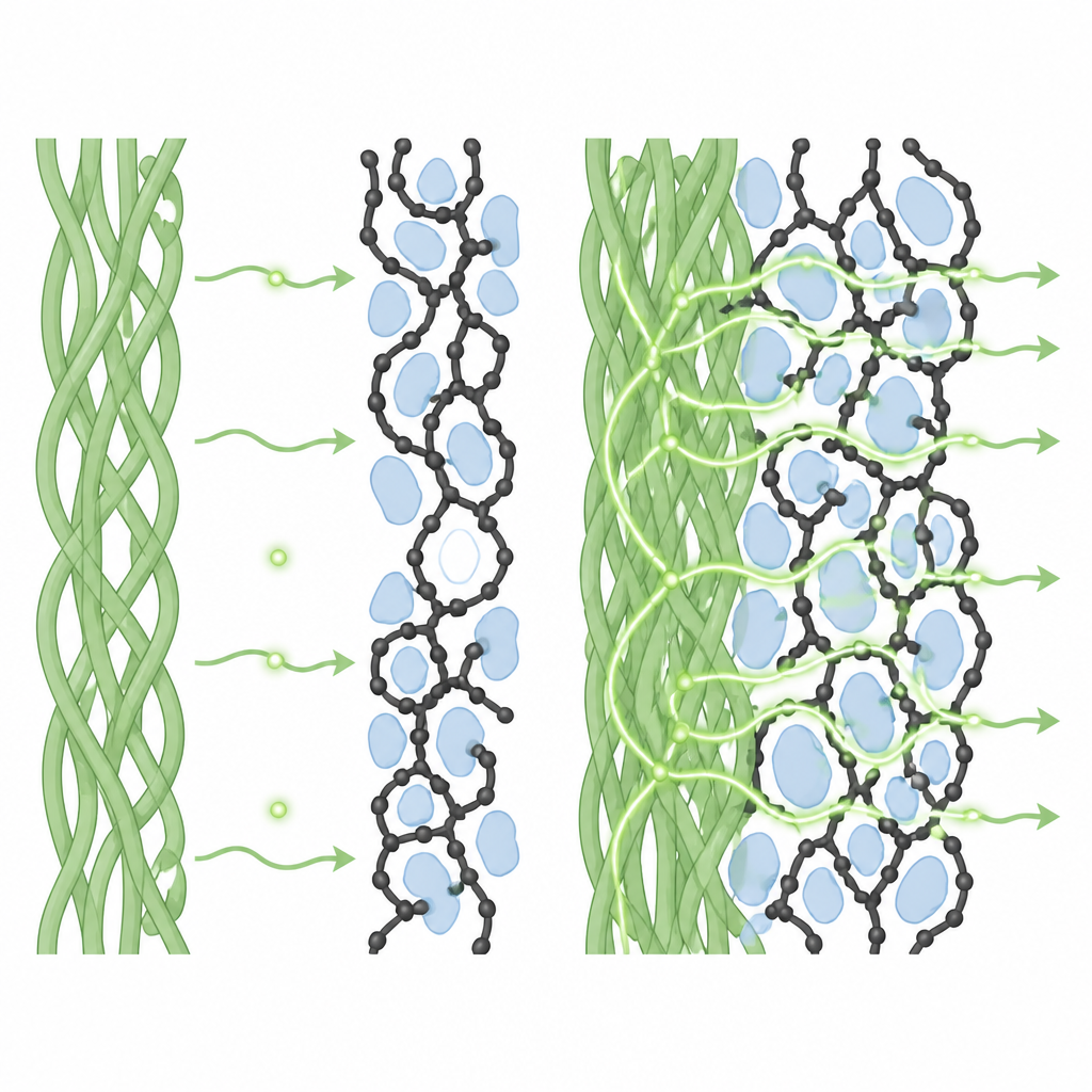 Figure 2. داخل الفيلم المركب، تخلق السلاسل الموصلة المضافة مسارات أقصر تسمح للشحنات بالتحرك بسهولة أكبر.