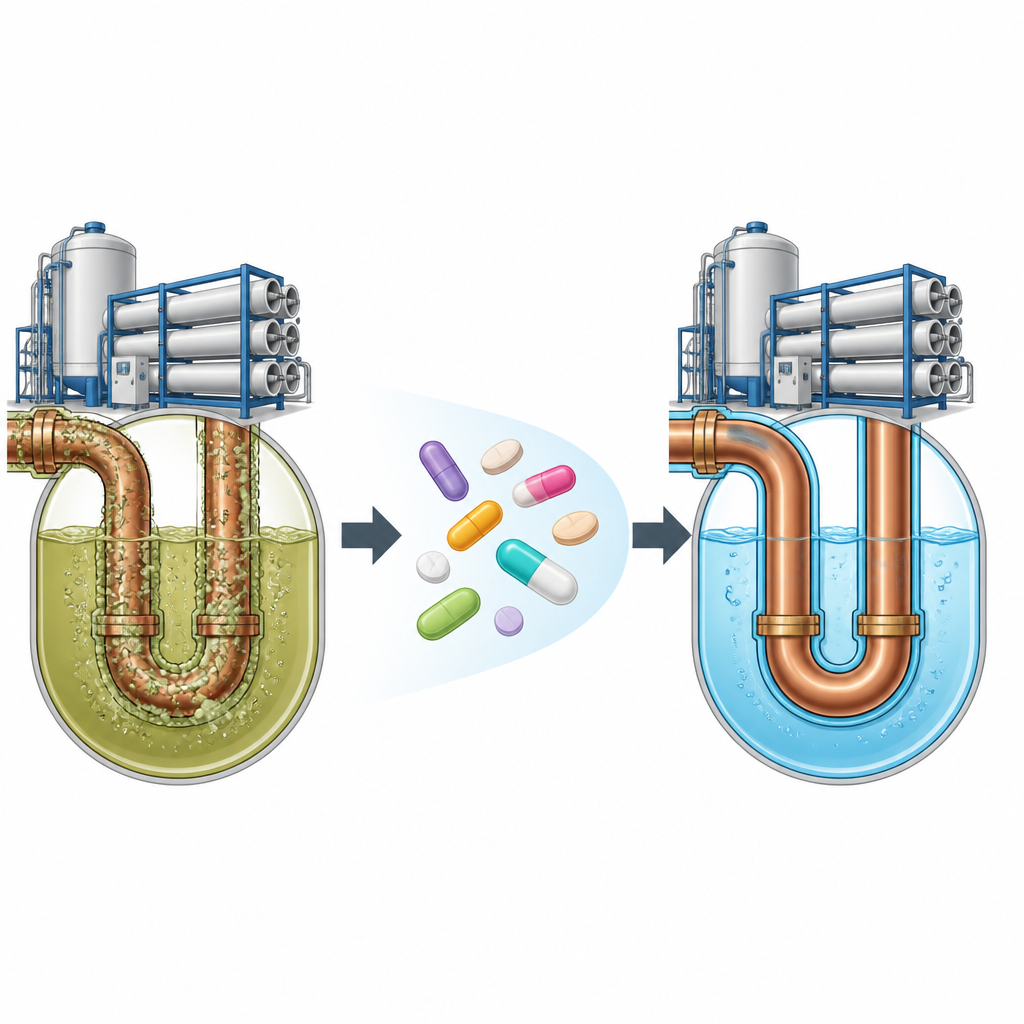 Figure 1. Pastillas antialérgicas caducadas ayudan a proteger las tuberías de cobre en plantas desalinizadoras del daño durante la limpieza ácida.