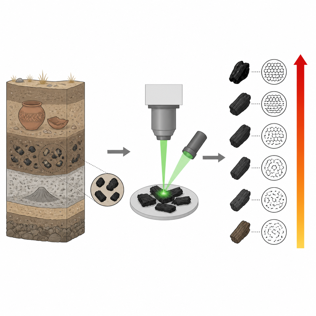 Figure 1. Holzkohle aus alten Bränden offenbart frühere Temperaturen, wenn sie mit Laserlicht untersucht wird und einfache Muster in ihrer Struktur betrachtet werden.