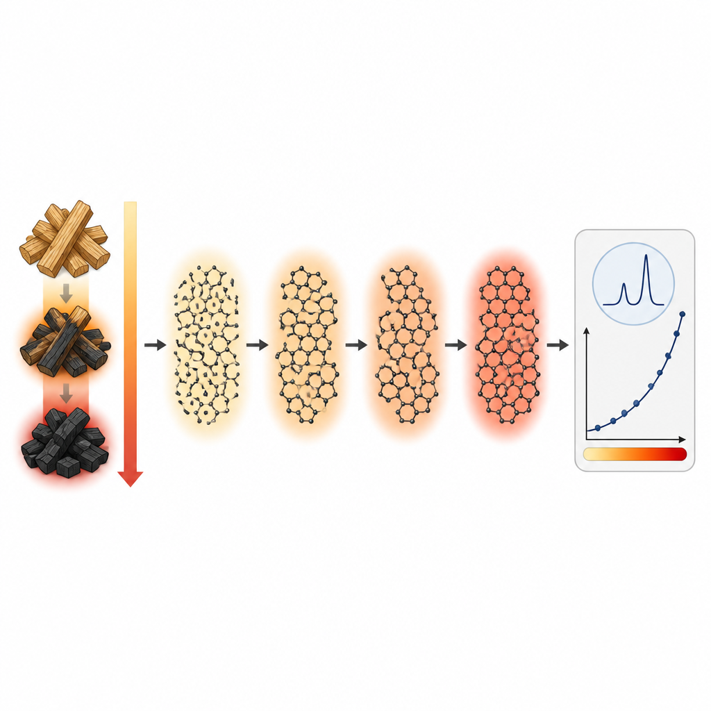 Figure 2. Das Erhitzen von Holz verändert das mikroskopische Muster der Holzkohle stufenweise, sodass Laser‑Messungen auf die maximale Brandtemperatur zurückgeführt werden können.