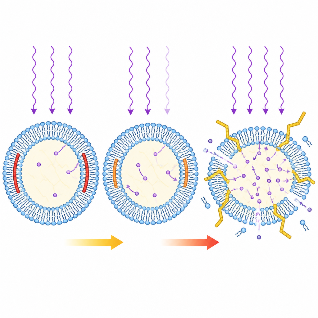 Figure 2. Wie gerade und geknickte Tomatenpigmente in einer Fettmembran liegen und UV‑getriebene Schäden entweder blockieren oder weiterleiten
