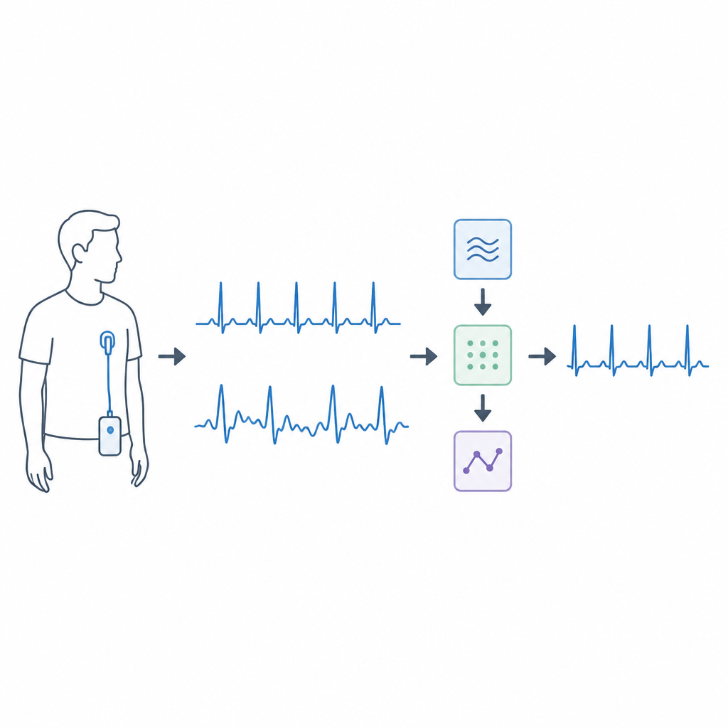 Figure 1. Come i computer seguono in modo affidabile ogni battito cardiaco dai dispositivi ECG indossabili nonostante rumore e movimento.