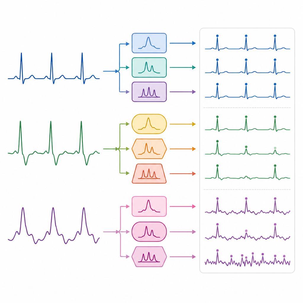 Figure 2. Come diversi metodi di rilevamento dei battiti gestiscono passo dopo passo segnali ECG puliti, rumorosi e irregolari.