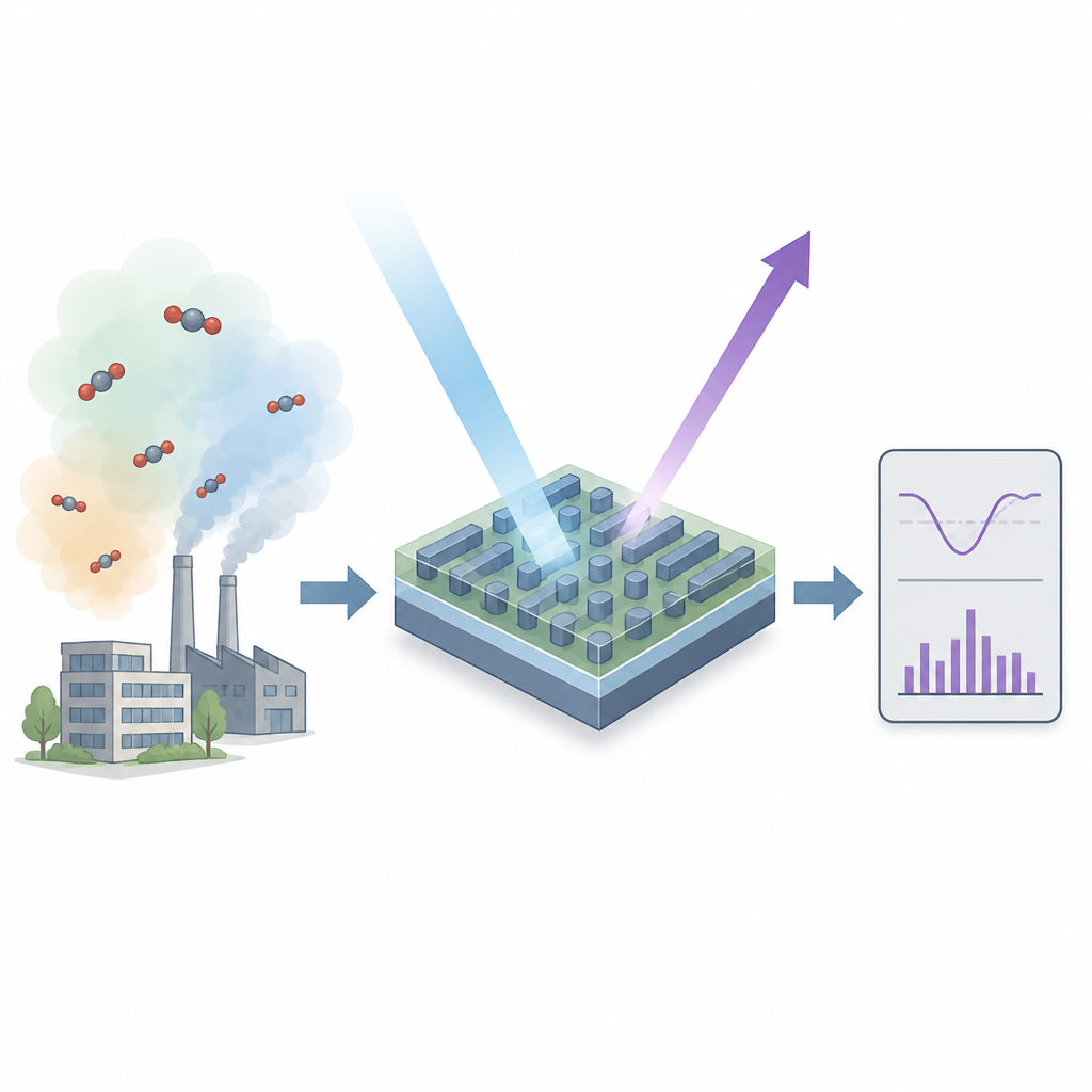 Figure 1. Come un minuscolo chip di silicio microstrutturato e un rivestimento intelligente trasformano la CO2 nell’aria in un segnale ottico chiaro.