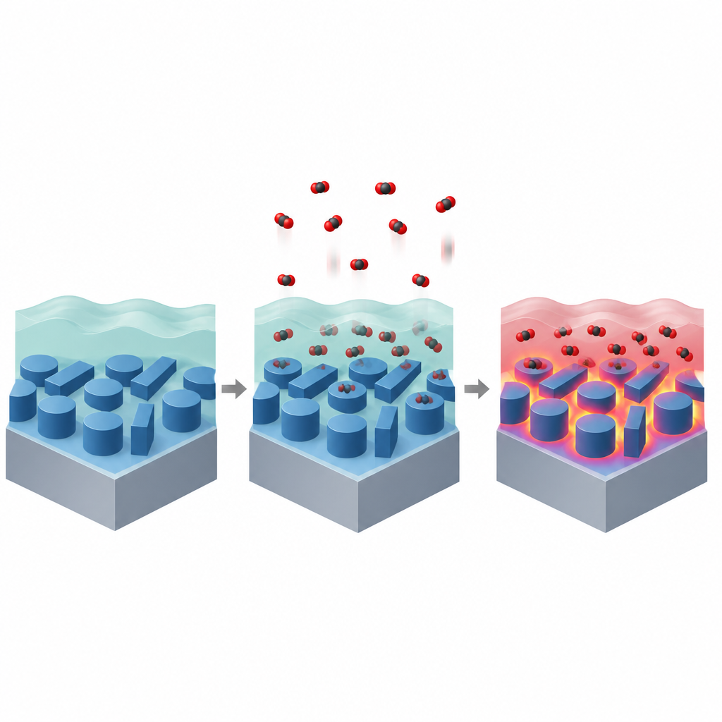 Figure 2. Come l’ingresso di CO2 in uno strato polimerico su un motivo nanoscalare modifica la confinazione della luce e sposta il colore del sensore.