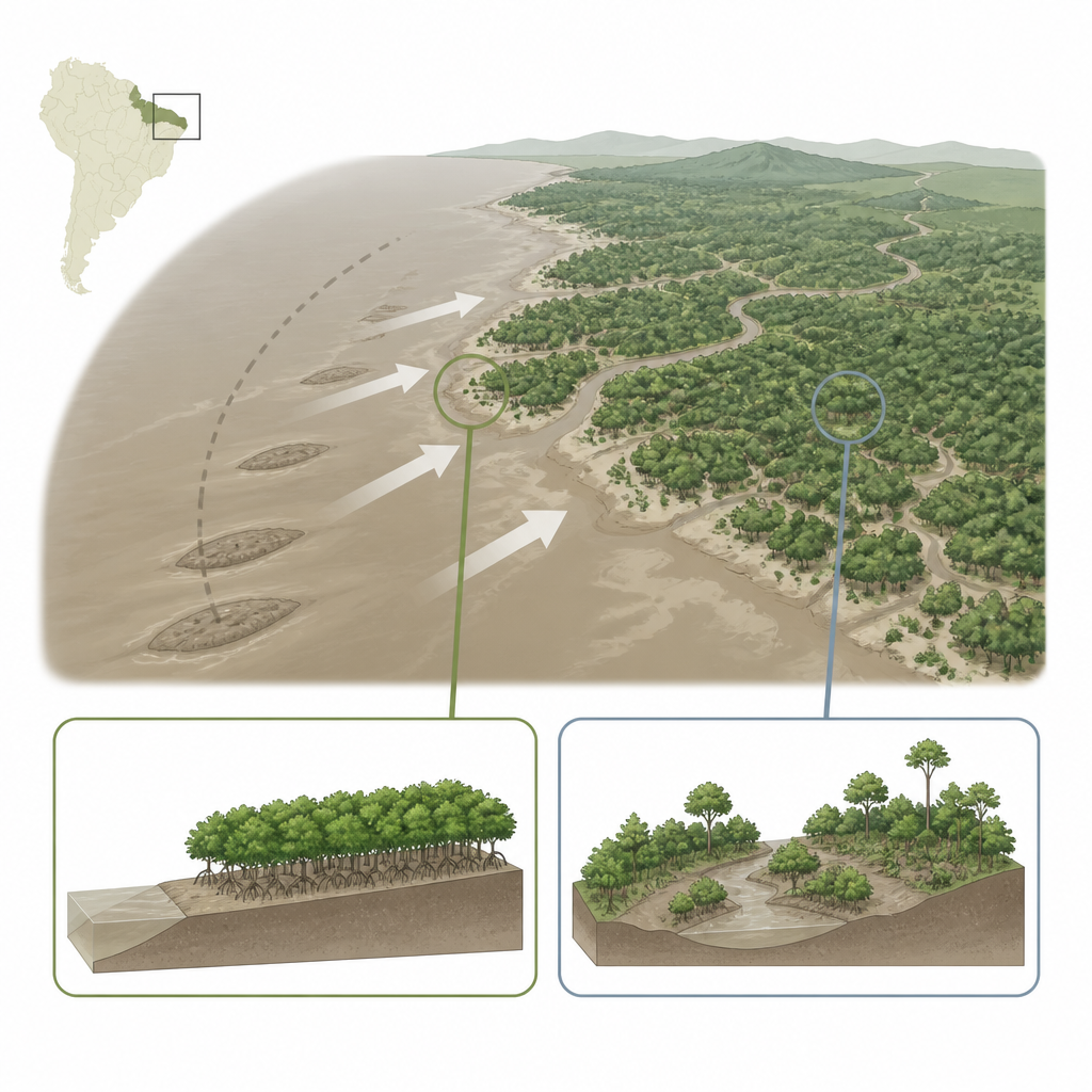 Figure 1. البنوك الطينية المتحركة على الساحل تخلق وتُمحى غابات المانغروف التي تنمو وتتقدم في العمر وتُفقد في دورات متكررة.