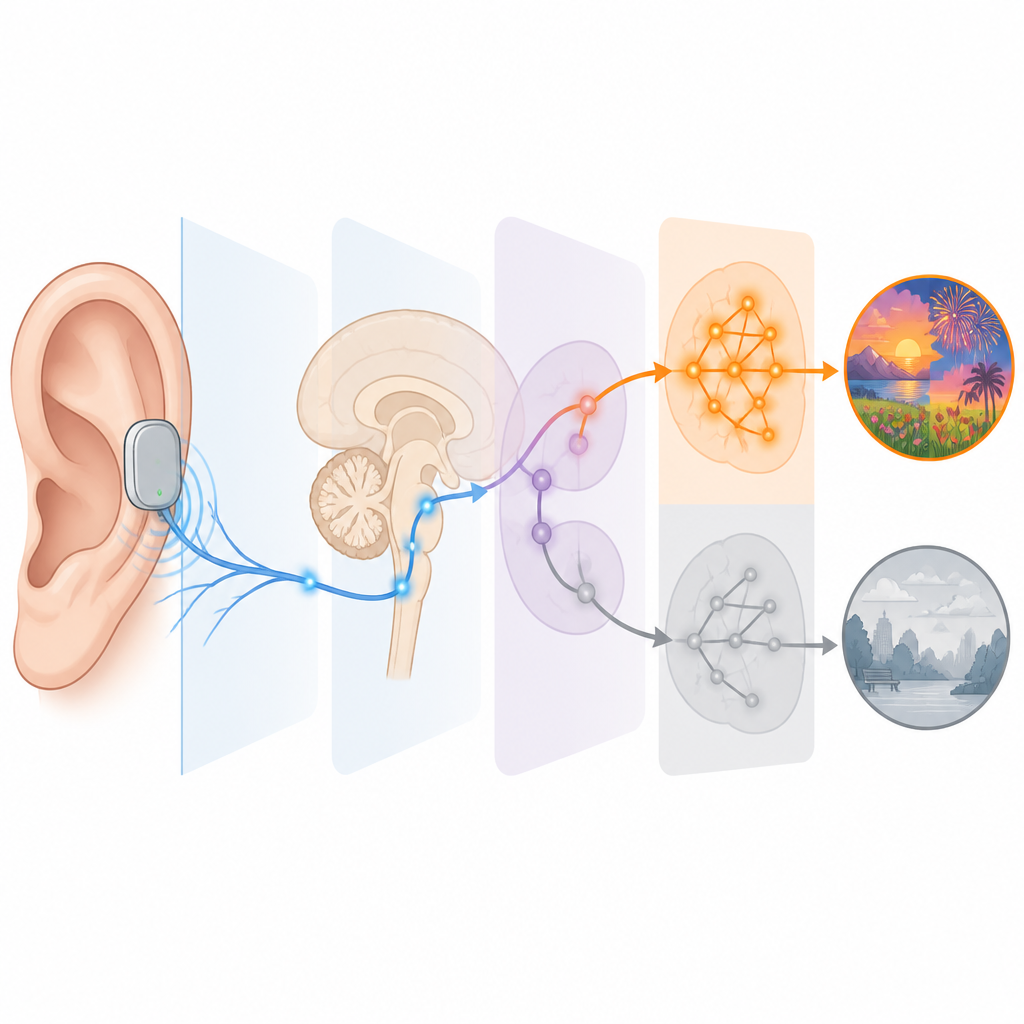 Figure 2. La estimulación auricular envía señales a circuitos cerebrales que fortalecen selectivamente la recuperación de imágenes desagradables.