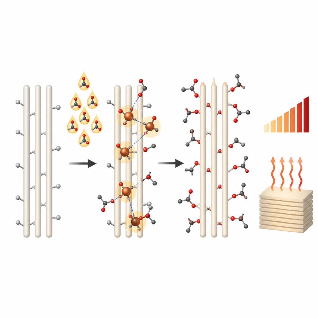 Figure 2. Wie ein Kupferkatalysator hilft, Acetylgruppen an Celluloseketten anzubringen, wodurch die Substitutionsgrade steigen und die Hitzebeständigkeit verbessert wird.