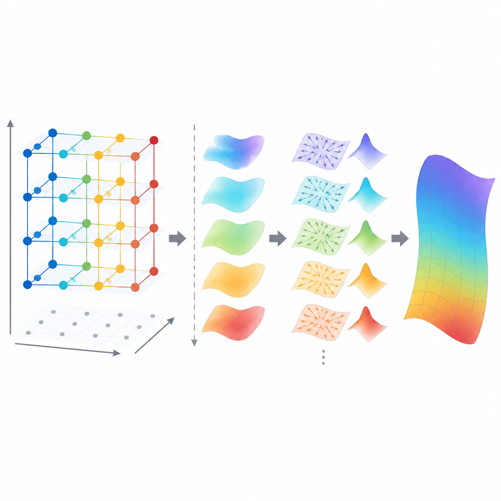 Figure 2. Wie ein raum-zeitliches Messnetz ein Modell schrittweise anleitet, die zugrunde liegende Differentialgleichung wiederzufinden.