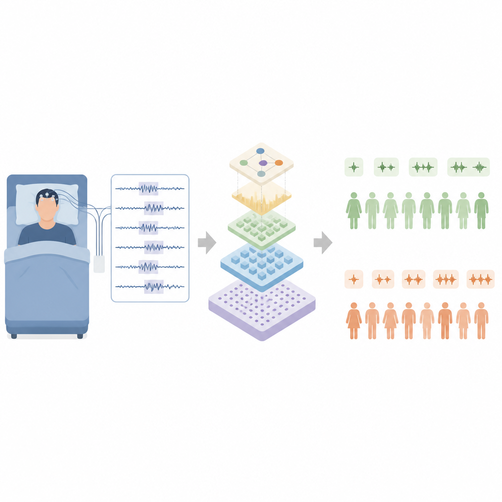 Figure 1. Come i computer trasformano le registrazioni delle onde cerebrali notturne in rapporti sul sonno rapidi e completamente automatizzati per grandi studi.
