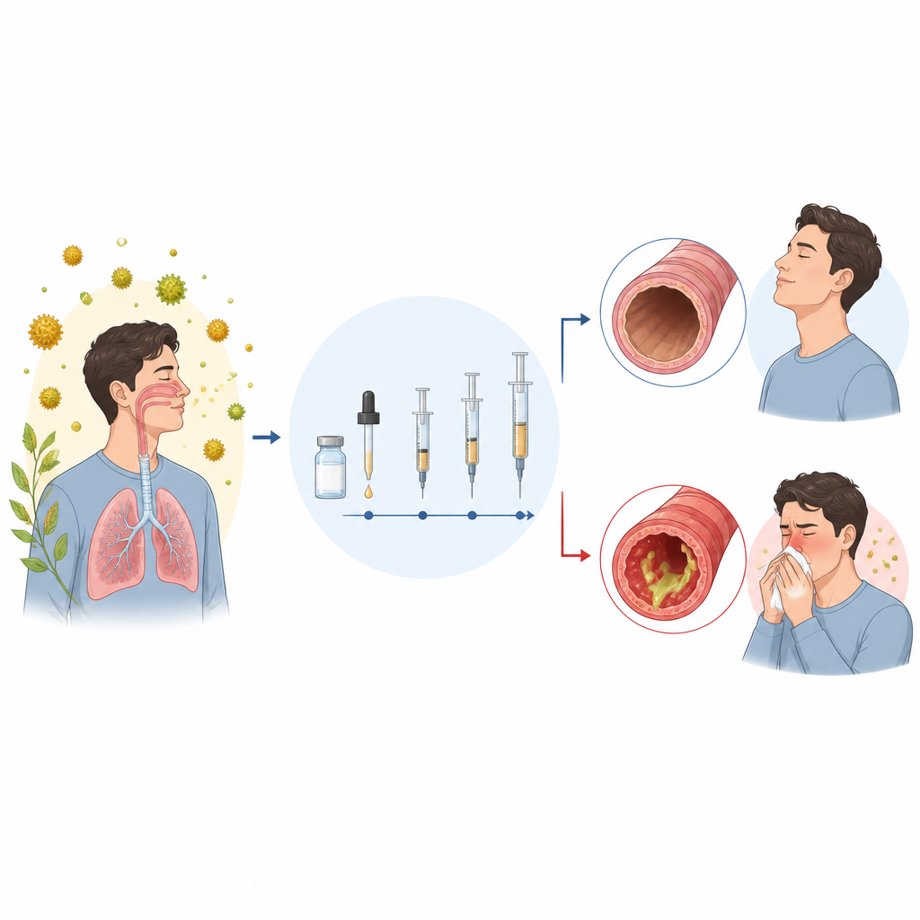 Figure 1. Come le iniezioni per l’allergia possono portare sollievo per alcune persone ma non per altre, rappresentato come due possibili percorsi dopo il trattamento.