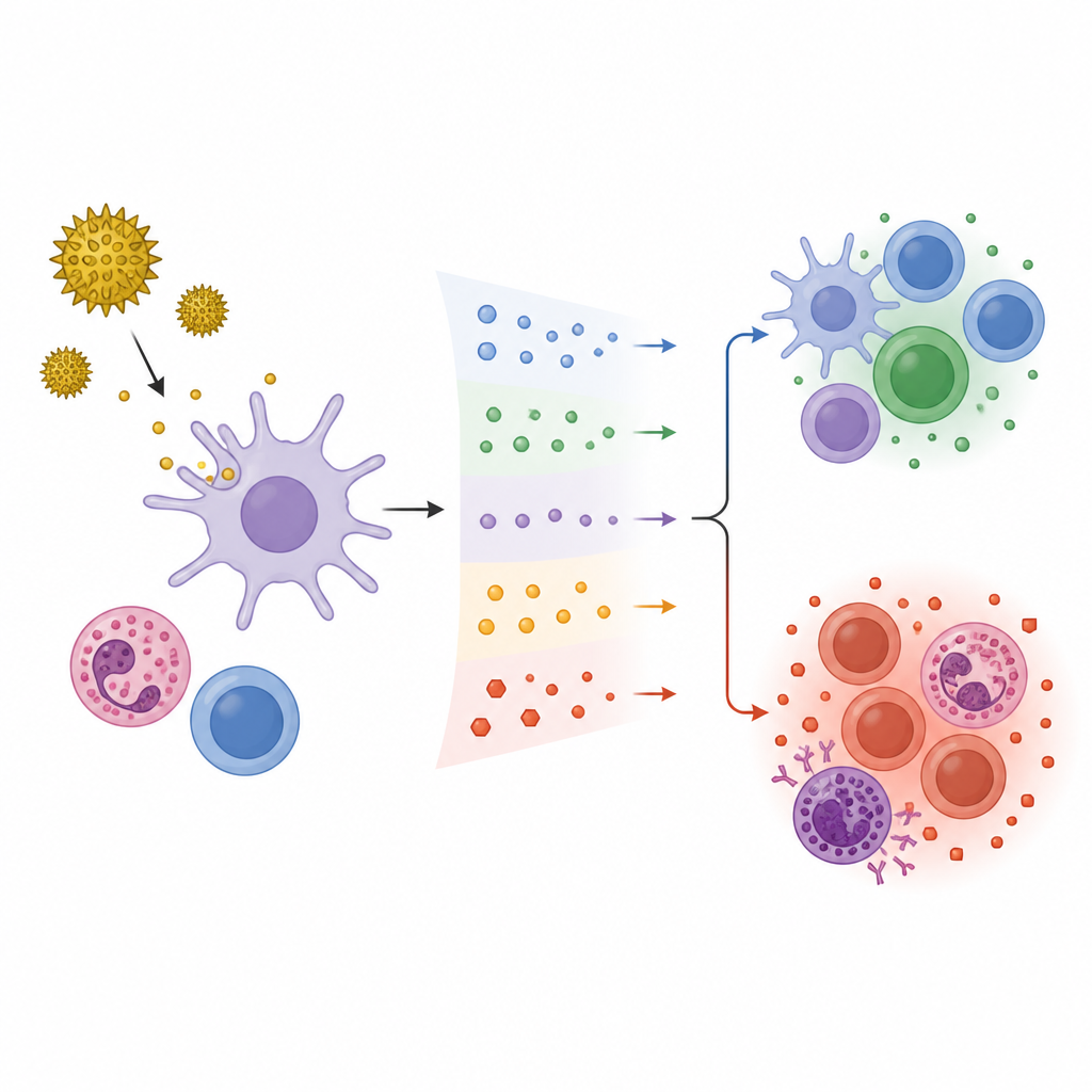 Figure 2. Come i segnali del polline si propagano attraverso le cellule immunitarie e possono portare a una risposta calma oppure a una reazione allergica iperattiva.