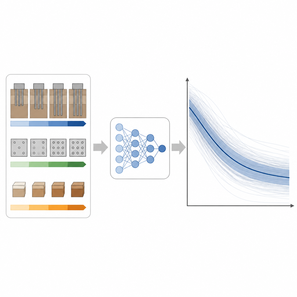 Figure 2. Come la variazione delle proprietà dei pali e del terreno attraversa un modello di machine learning per generare un intervallo di cedimenti probabili.