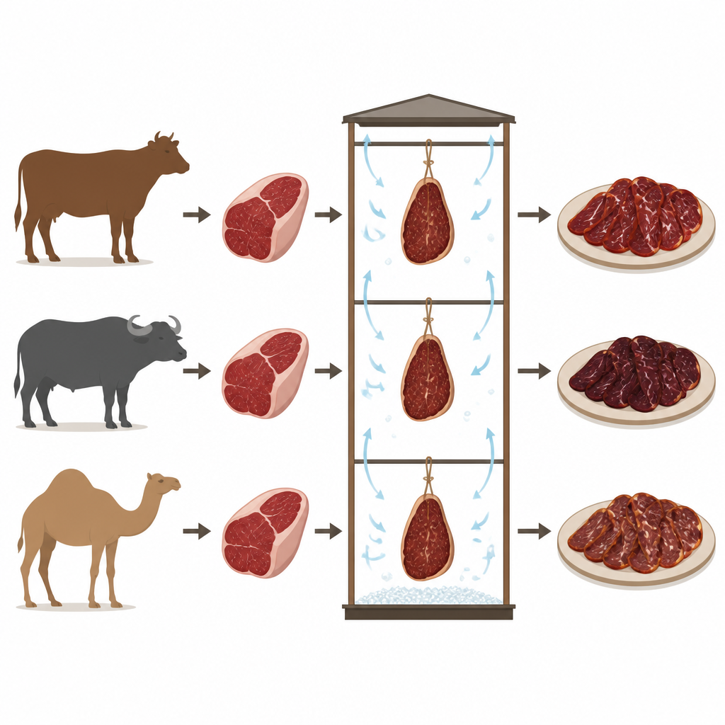 Figure 1. Hangi etin hava ile kurutulmuş tütsülenmiş et ürünü yapmak için en uygun olduğunu görmek amacıyla inek, manda ve devenin etini karşılaştırmak.