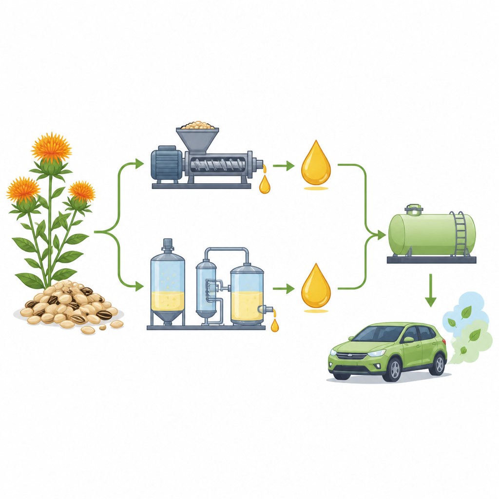 Figure 1. Dalle robuste piante di cartamo a un carburante più pulito usando vie di estrazione dell’olio più sicure e a basso costo.
