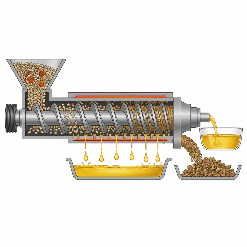 Figure 2. Come una pressa a vite riscaldata schiaccia i semi di cartamo per separare efficientemente l’olio dorato dal residuo solido.