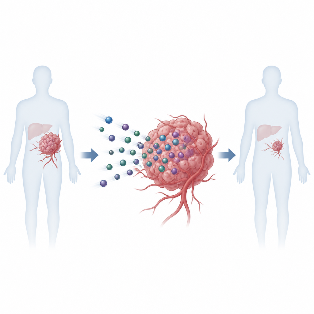 Figure 1. Winzige Metallpartikel gelangen zum Tumor und helfen, ihn zu verkleinern, während der Rest des Körpers gesünder erscheint.