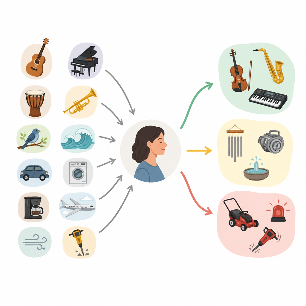 Figure 1. Come le persone suddividono i suoni quotidiani in musica, non-musica e via di mezzo semplicemente ascoltando.