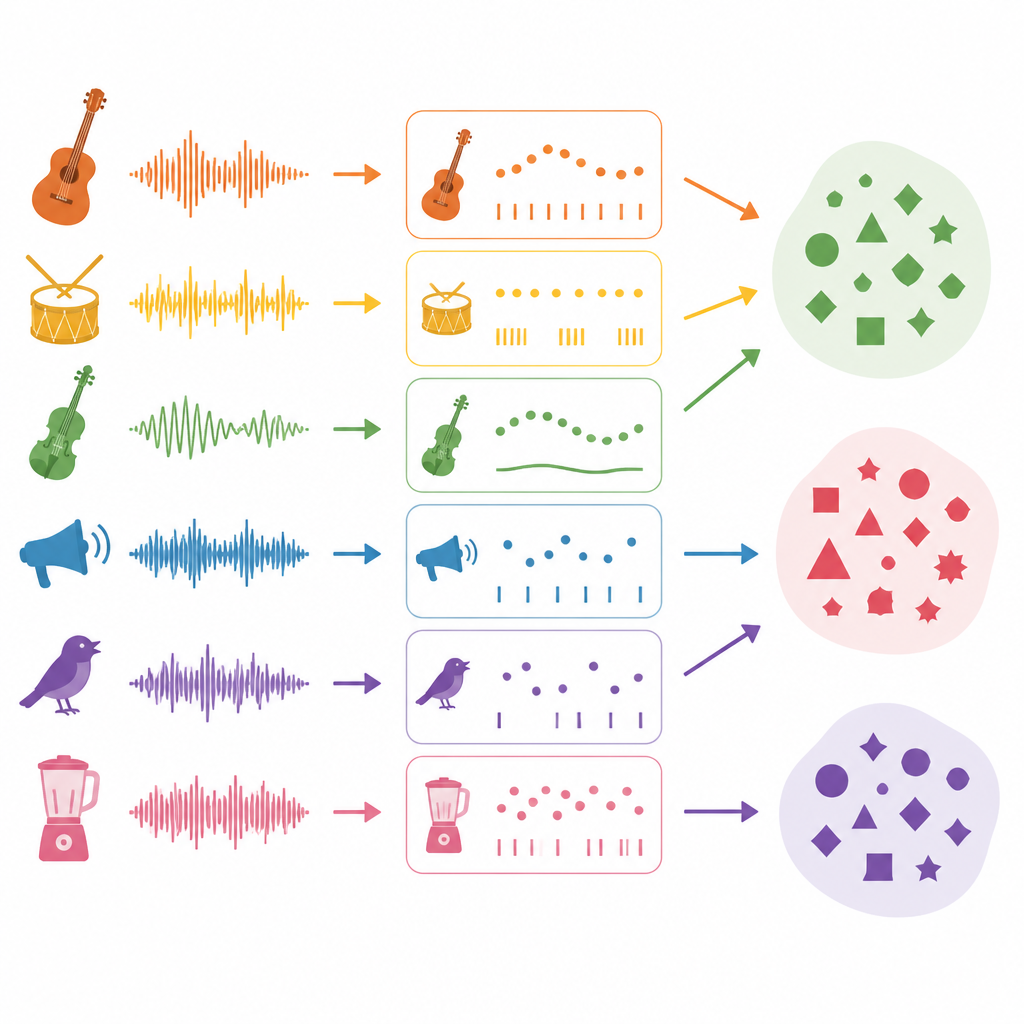 Figure 2. In che modo segnali come strumenti, melodia, ritmo e intenzione determinano se un suono viene percepito come musica.