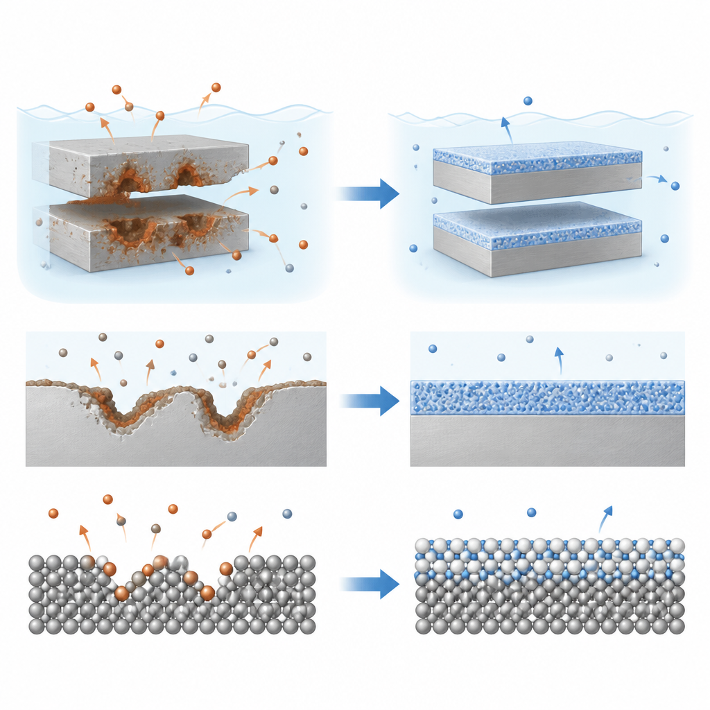 Figure 2. Dimostrazione di come un rivestimento ricco di minerali protegga il metallo dal fluido salino, riducendo drasticamente corrosione e rilascio di particelle.