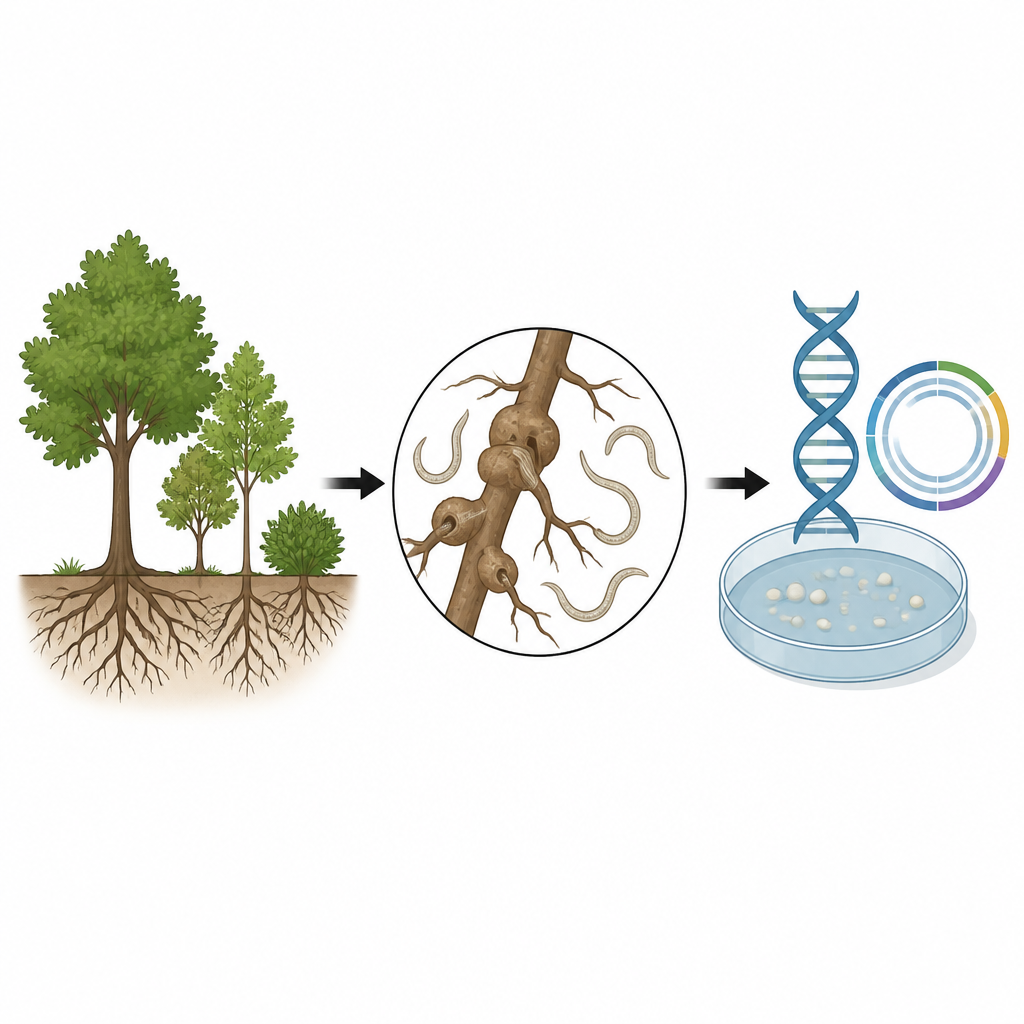 Figure 1. Come un minuscolo nematode galligeno si diffonde nelle piante legnose europee e viene rilevato con strumenti di laboratorio moderni