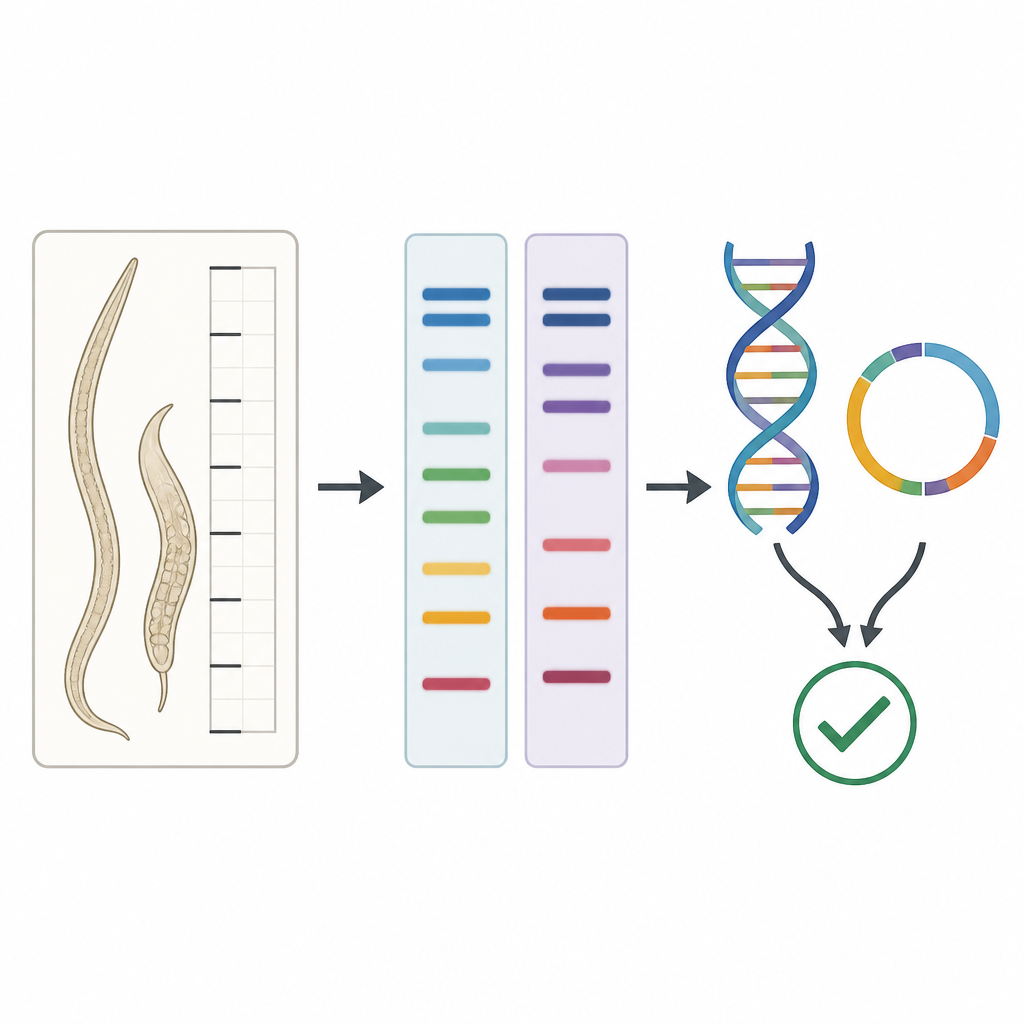 Figure 2. Visione passo passo della combinazione di morfologia, profili enzimatici e DNA per identificare una specie di nematode galligeno nascosta