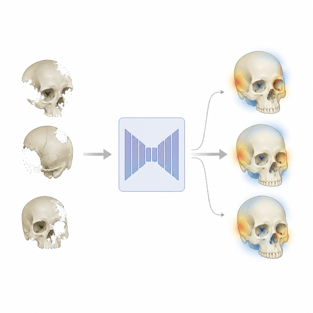 Figure 1. AI rebuilds missing parts of the skull from scans and shows where the reconstruction is more or less certain.